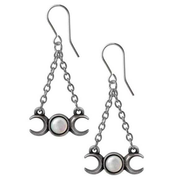 Alchemy Gothic Wiccan Goddess Triple Moon Earrings Dangling Chain Crescent NWT - Picture 1 of 2